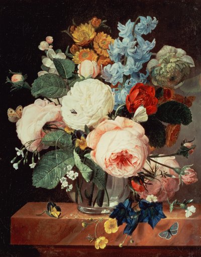 Vaas met bloemen op een marmeren richel door T.F. Ehaerts